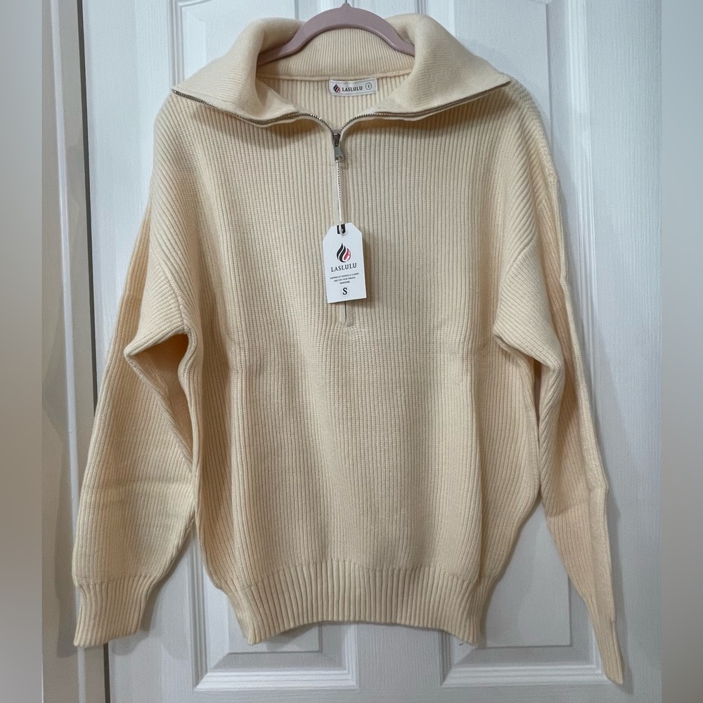 Cream Half-Zip Ribbed Sweater - Women's Small
